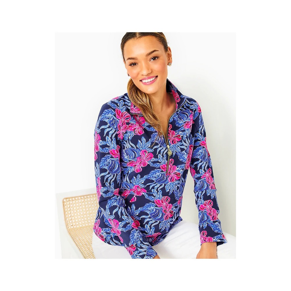 Lilly Pulitzer UPF 50+ Skipper Popover in Low Tide Navy Its Ofishell Blue‎ Pink